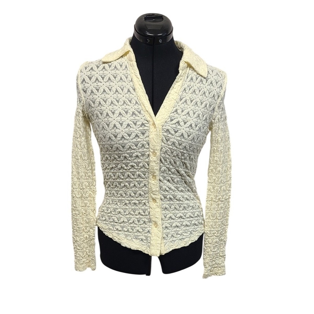 Sanctuary Milk White Lace Popcorn Knit Button Down Shirt XS‎ NEW